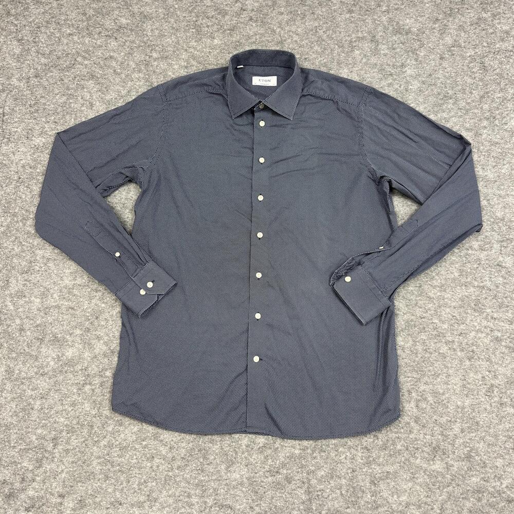 ETON Shirt Mens 17.5 444 Blue Polka Dot Slim Fit 100% Cotton Dress Business